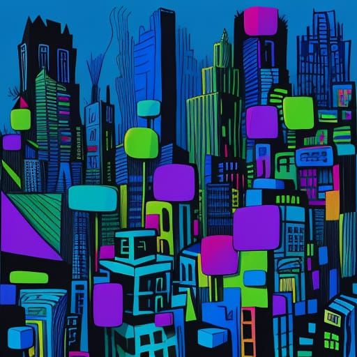 Blue and Green Cityscape in Naive Art Style