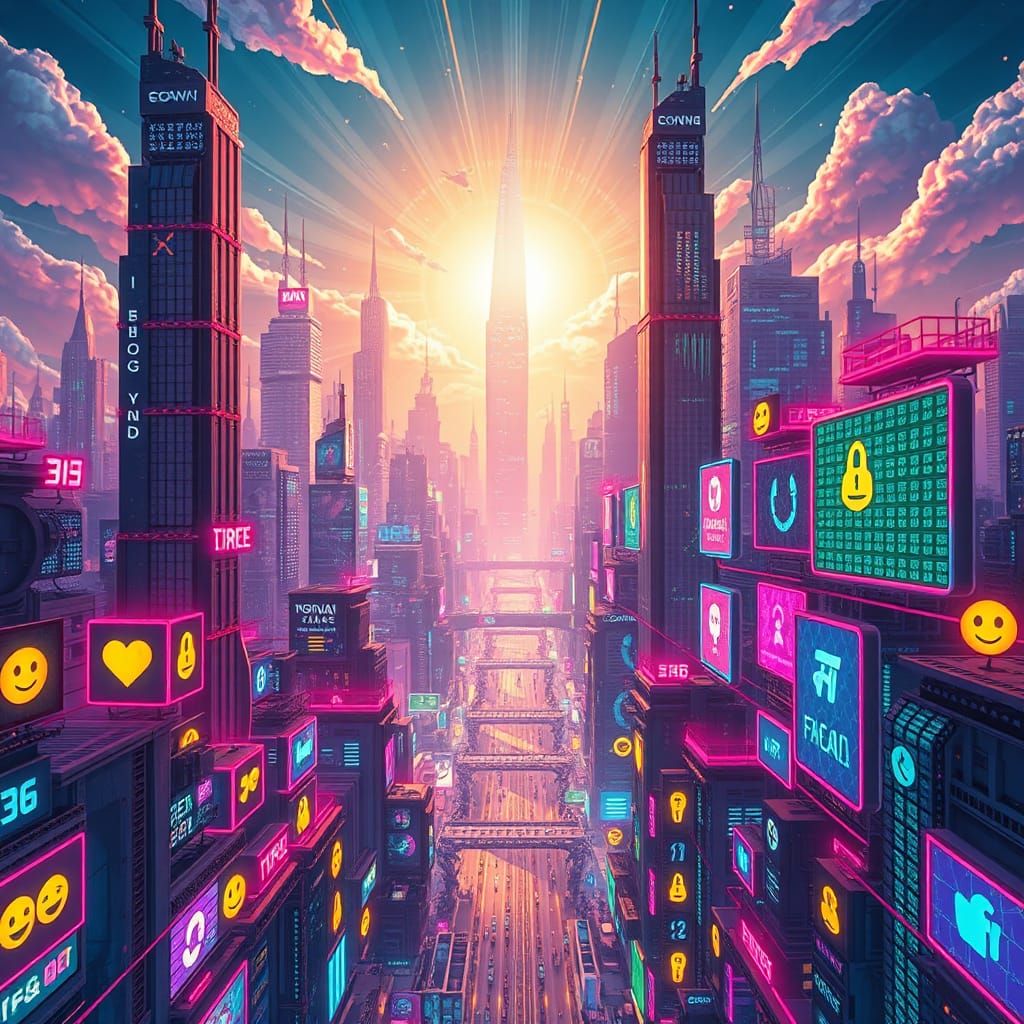 Vibrant Futuristic Cityscape: Internet Alive