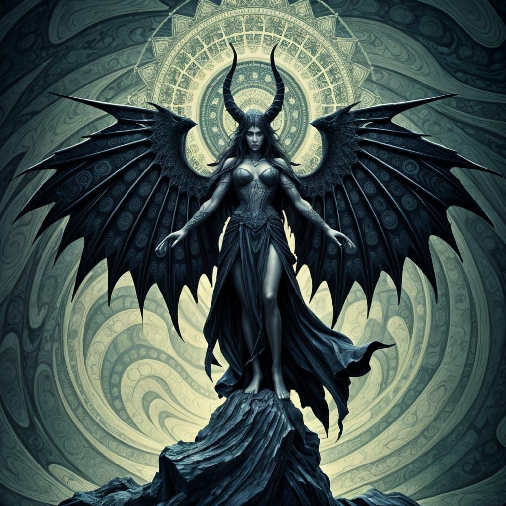 Dramatic Illustration of Morrigan with Abstract Elements