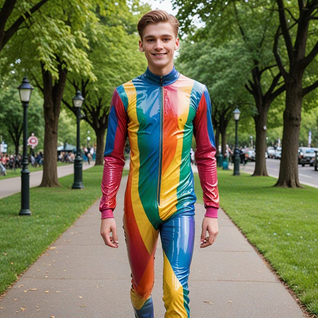 Man in Rainbow Latex Walks Through City Park