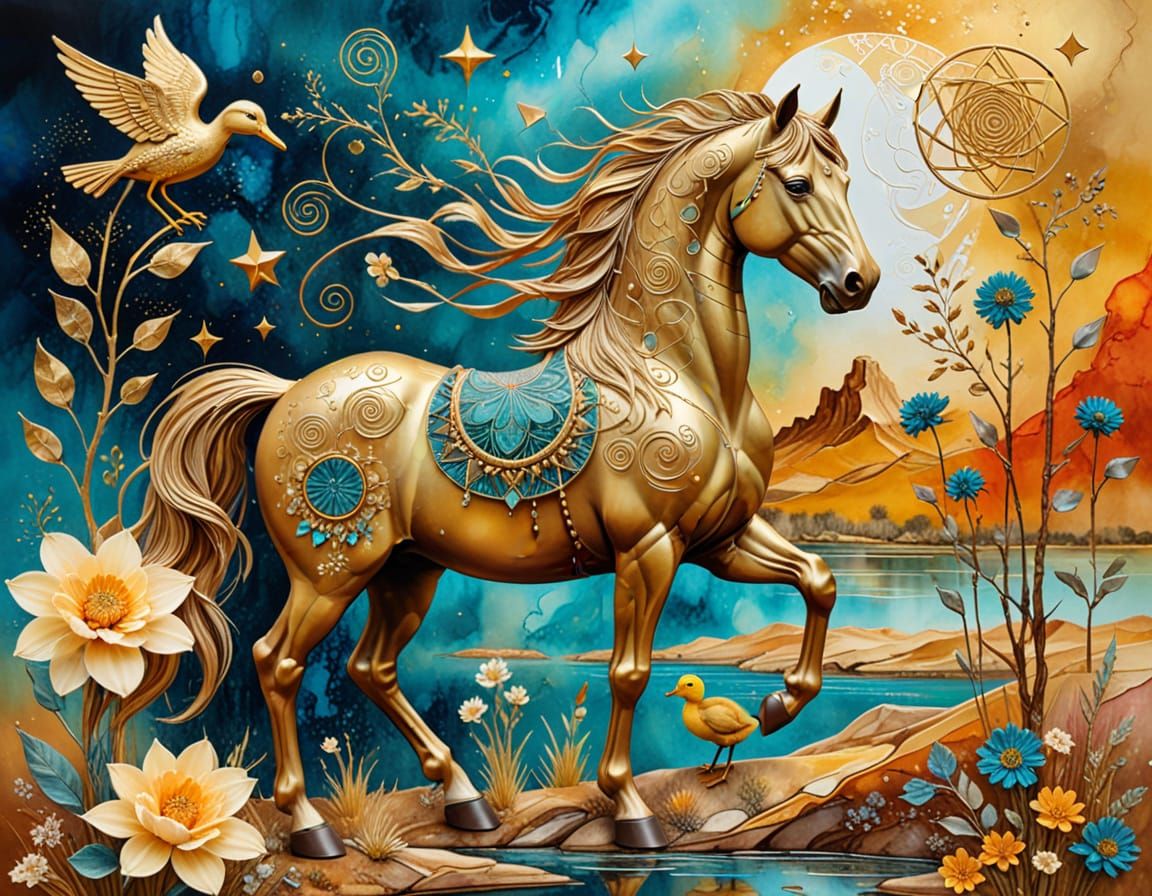Native American Horse with Duckling in Surreal Painting