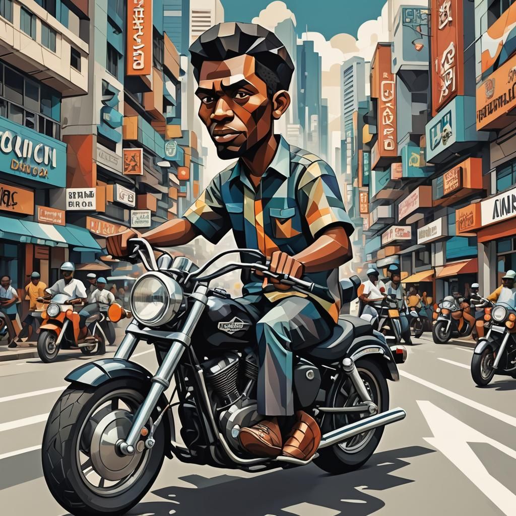 Black Man on Harley Davidson, Cubist Caricature