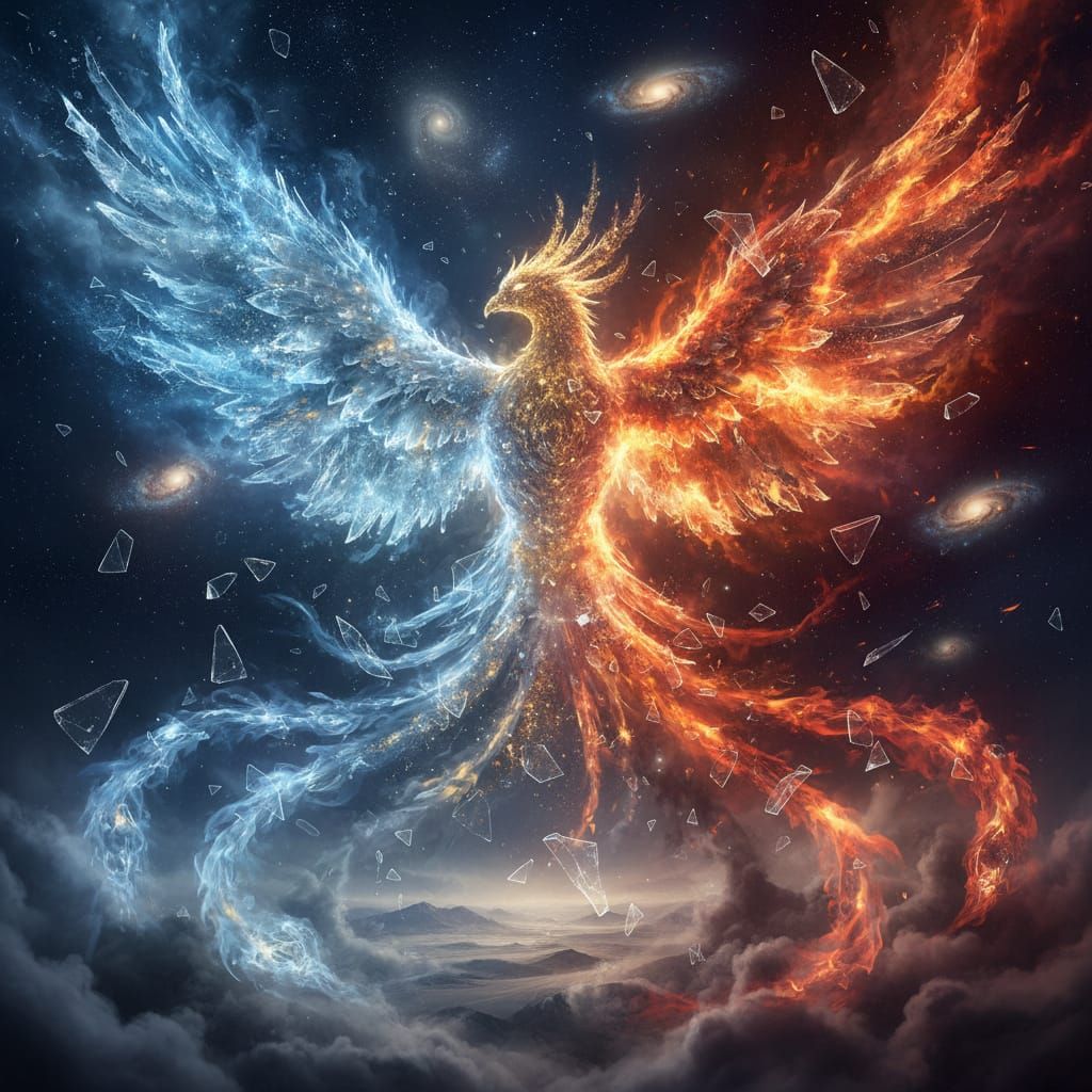 Ominous Phoenix of Gold Stars, Ice, and Fire