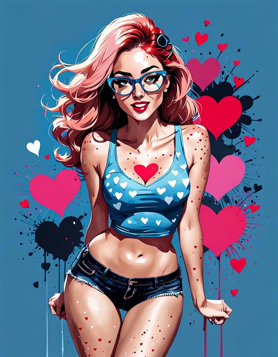 Pop Art Illustration of a Young Woman with Heart Glasses