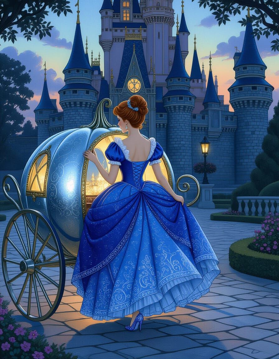 Victorian Ballgown & Carriage by Castle at Twilight