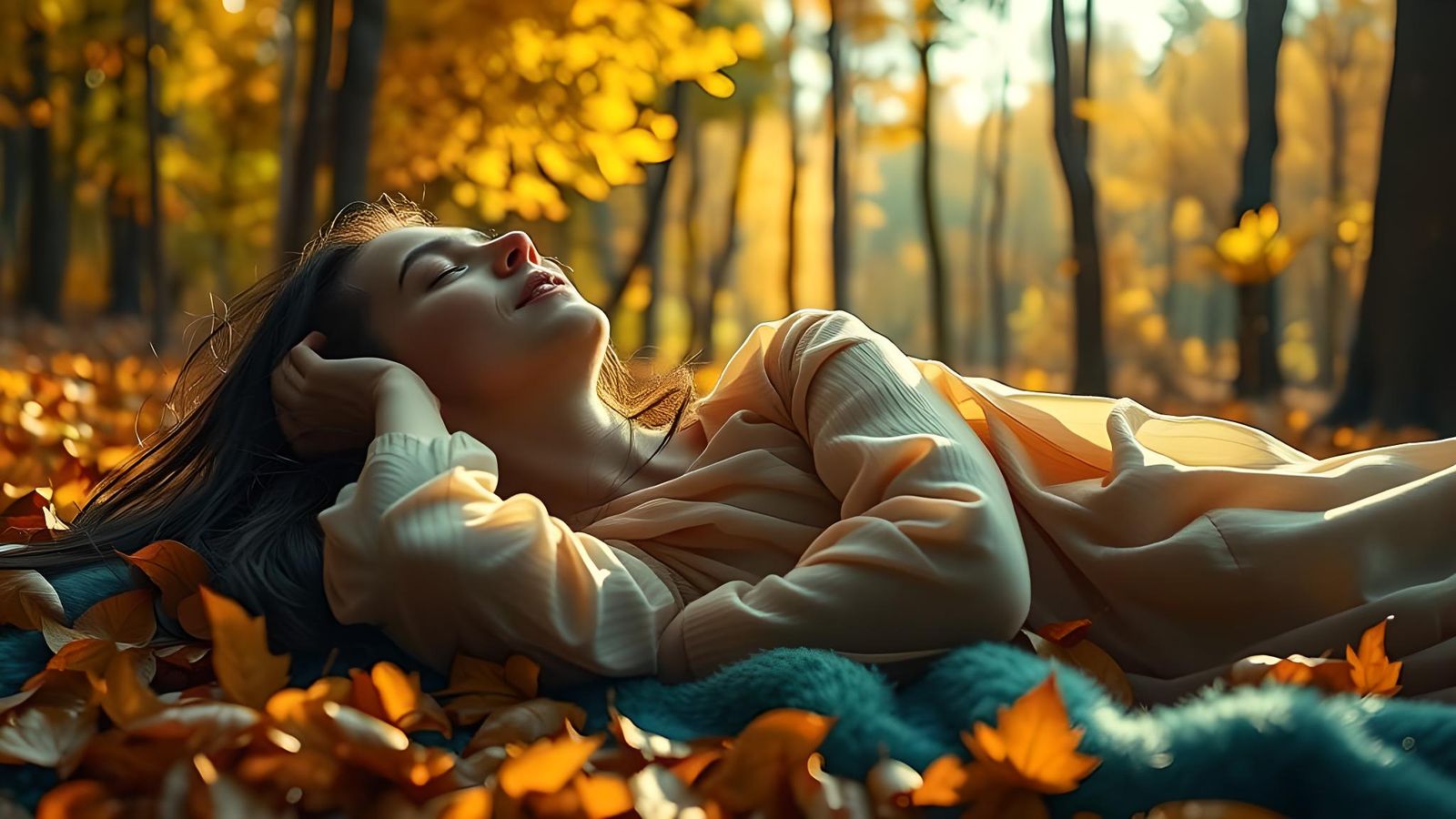 Serene Sleep: Young Woman in Autumn Forest