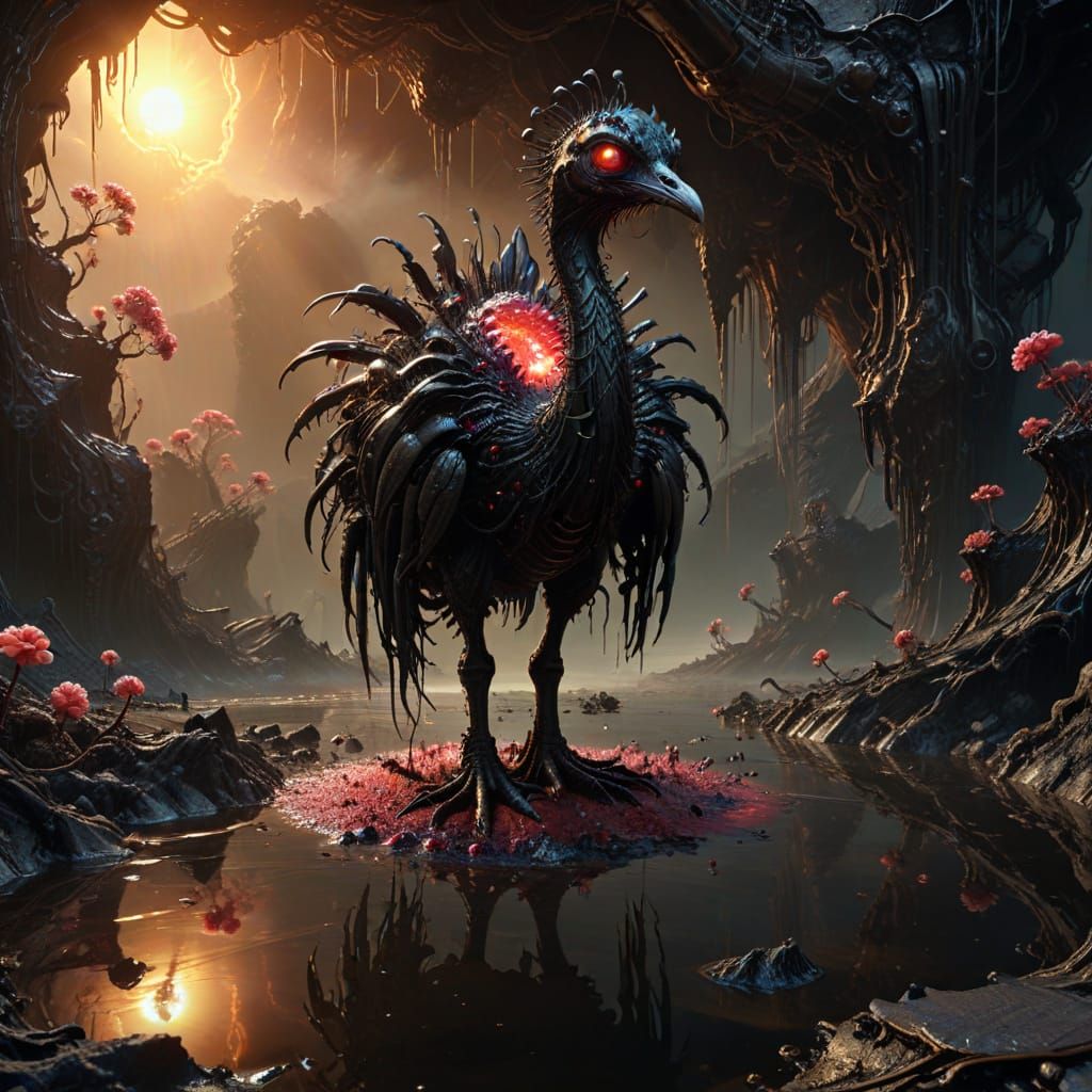 Surreal Biomechanical Emu Blooms from Obsidian Island in Hyp...