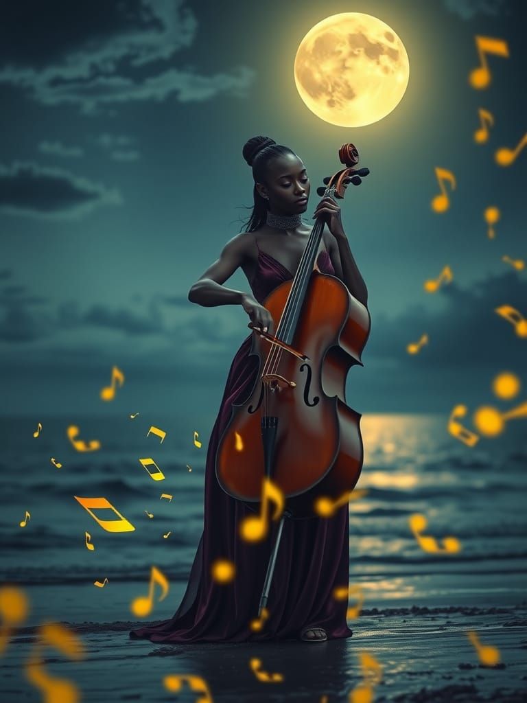 Moonlit Seashore Cello Performance in Dark Fantasy Style
