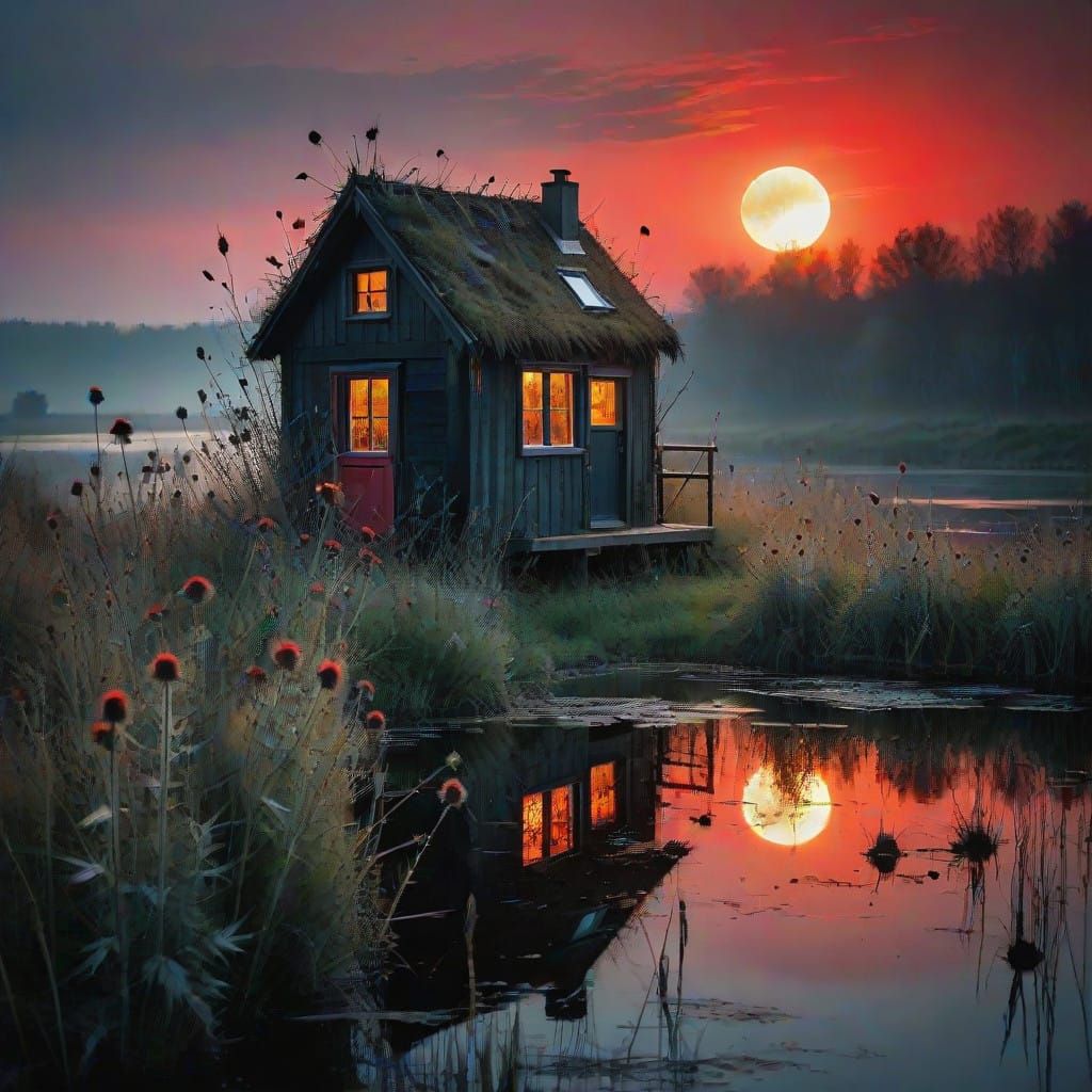 Dramatic Black Sun Eclipse with Vibrant Sunrise and Tiny Hou...