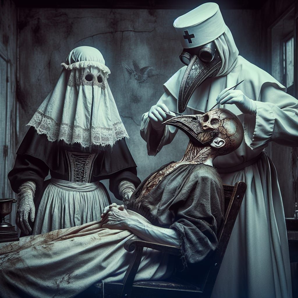 Eerie Plague Doctor Attending Patient in Hypermaximalist Sty...