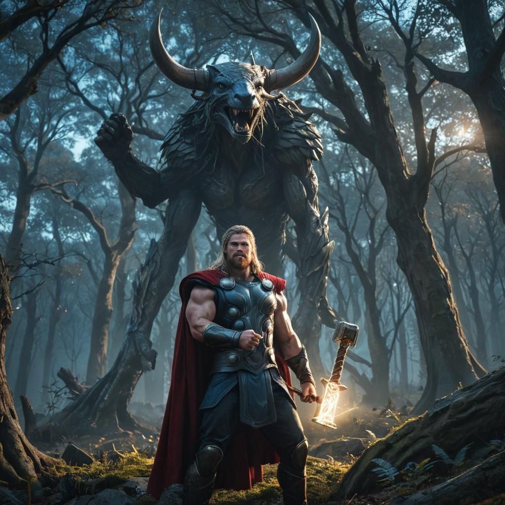 Thor in Mystical Forest: Fantasy Illustration