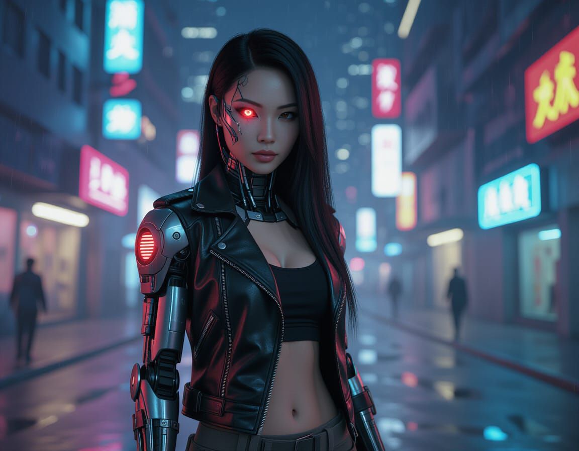 Cyborg Asian Woman in Neon Futuristic City