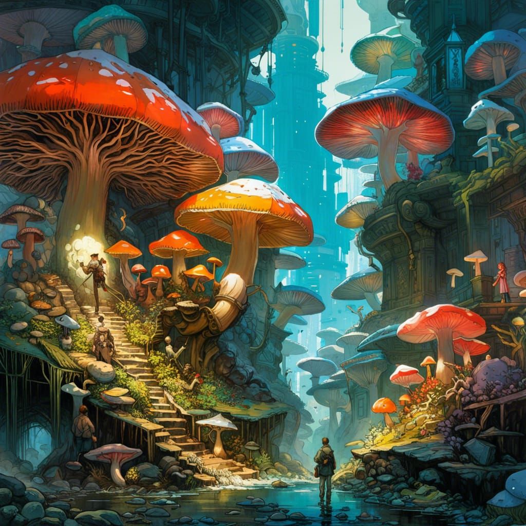 Floating Mushrooms in a Hyperdetailed Fantasy Landscape