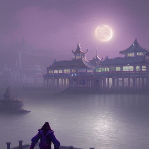 Moon Elf Port City with Summer Palace at Night