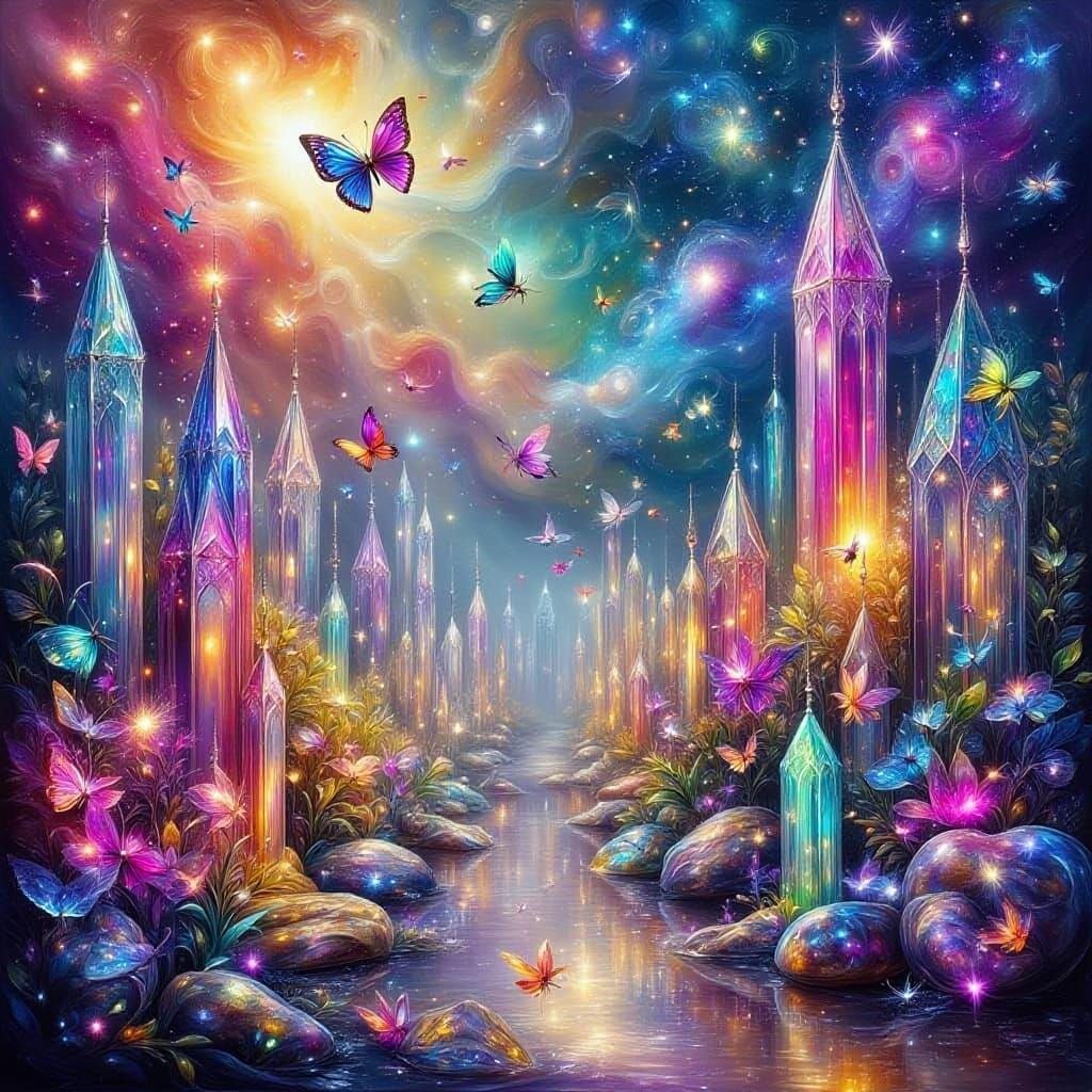 Crystal Cathedrals in Nebula with Butterflies: Surreal Oil P...
