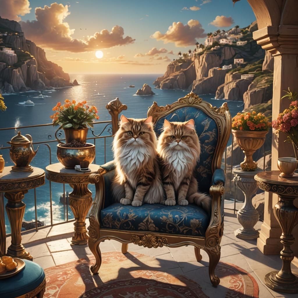 Persian Cat Balcony View, Digital Art Nouveau Painting