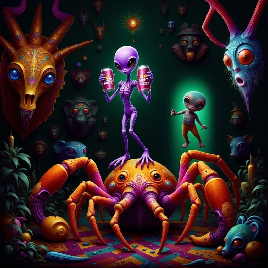 Alien Triumph with Beer: Surrealist Dreamscape