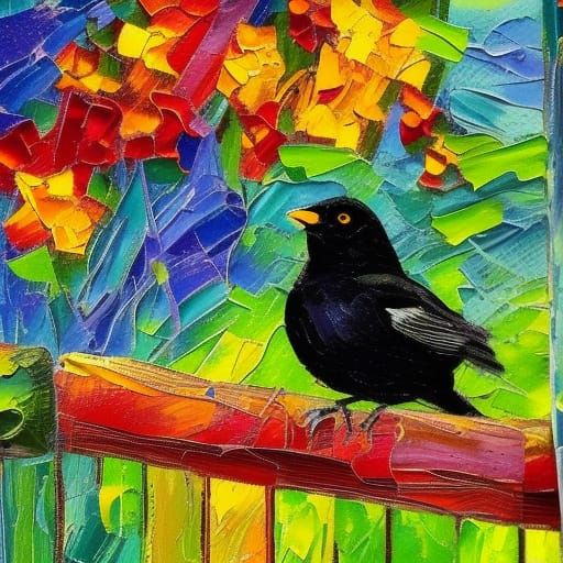 Blackbird on Fence: Neo-Impressionist Oil Painting