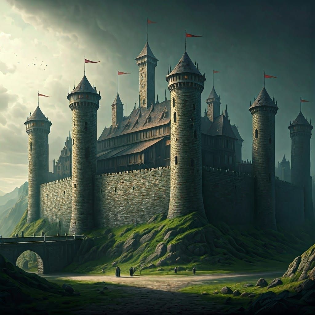 Medieval Castle with Watchtowers and Armored Sentries
