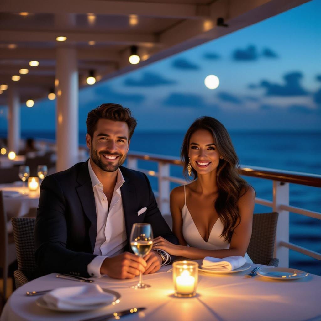 Elegant Couple at Dinner on Cruise Ship Deck