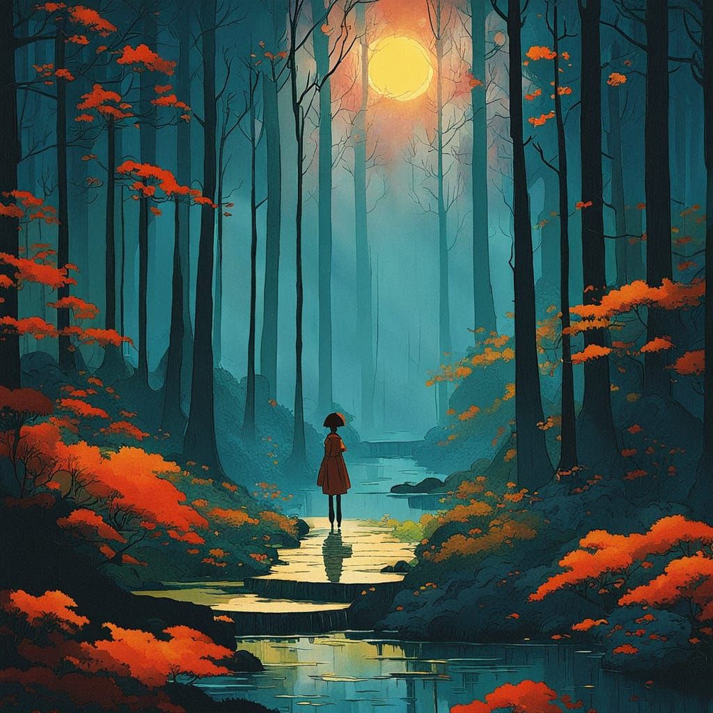 Surreal Autumn Goddess in Japanese Forest