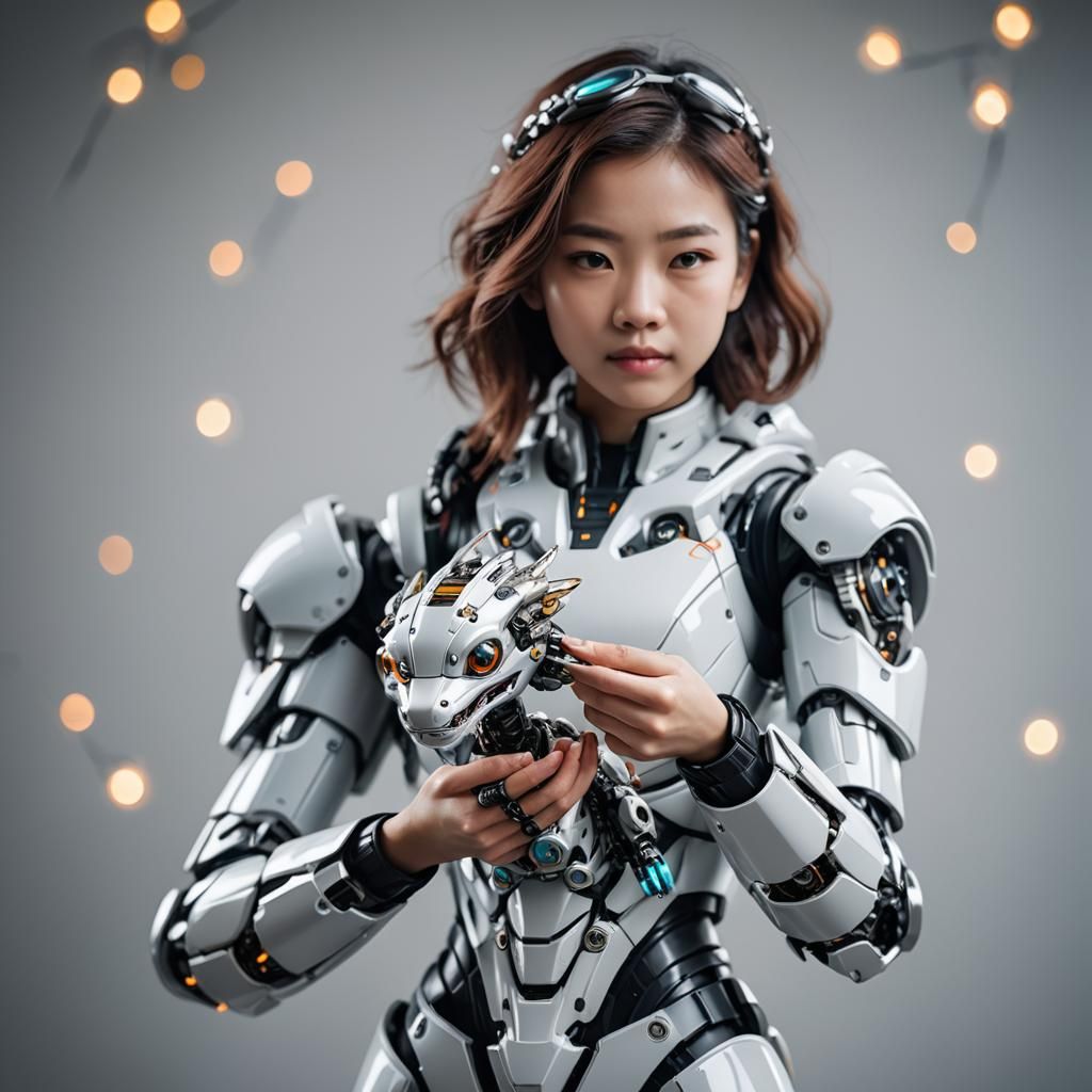 Cyborg Girl with Wind-Up Robot Dragon Toy