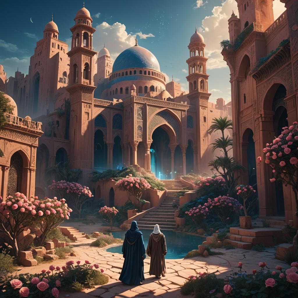 Mysterious Figure and Desert Rose in Surreal Cityscape