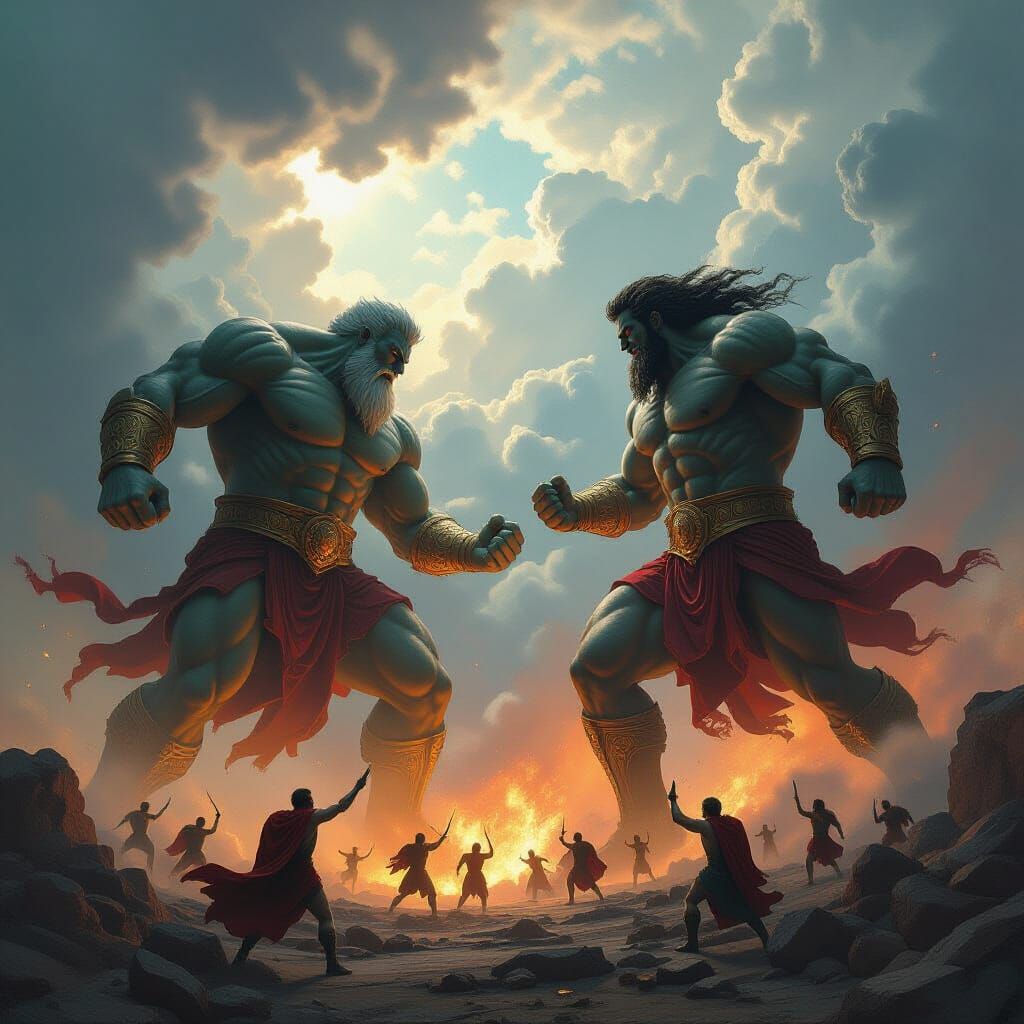 Epic Clash of Gods and Titans in Baroque Style