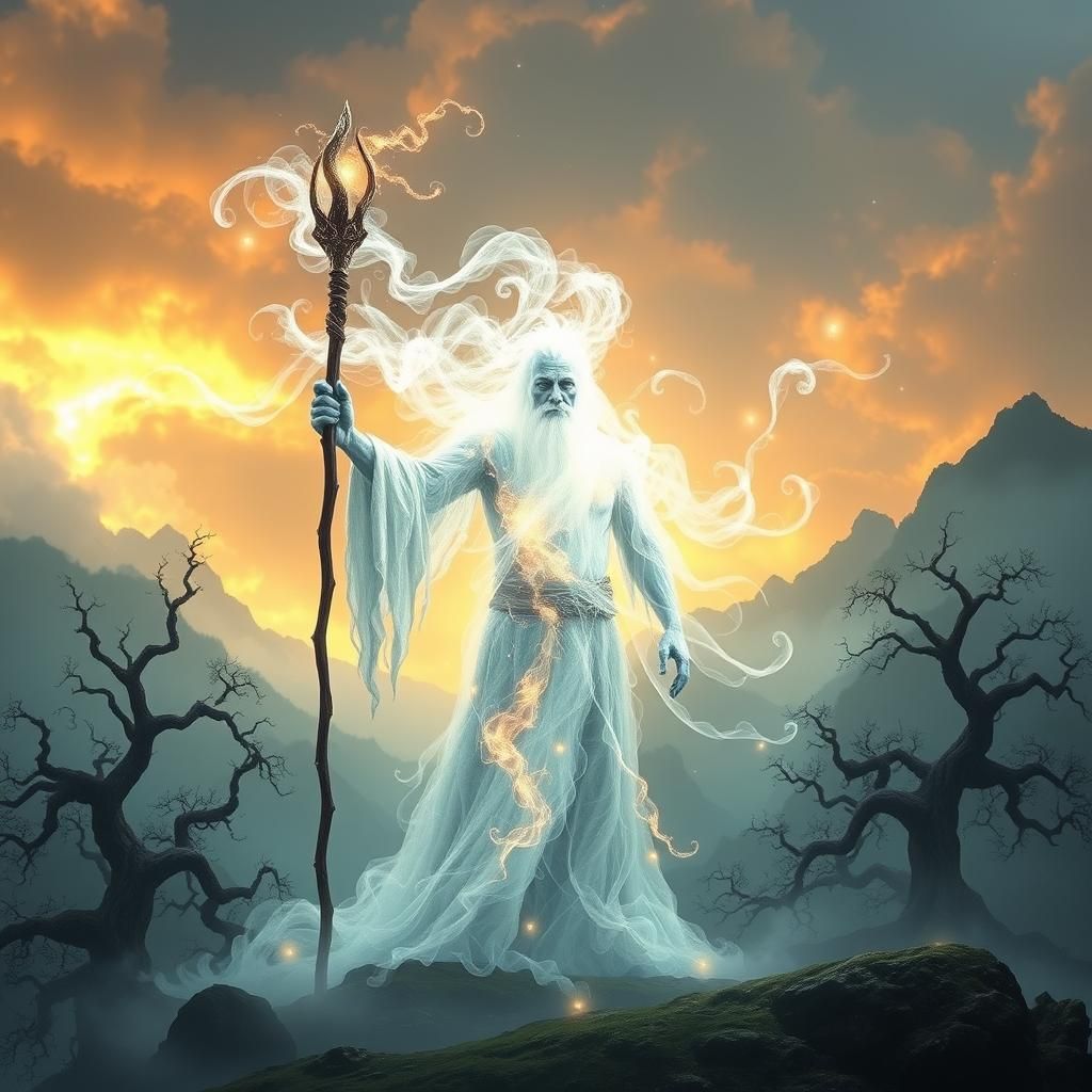 Ethereal Wizard Waving Staff in Mystical Realm