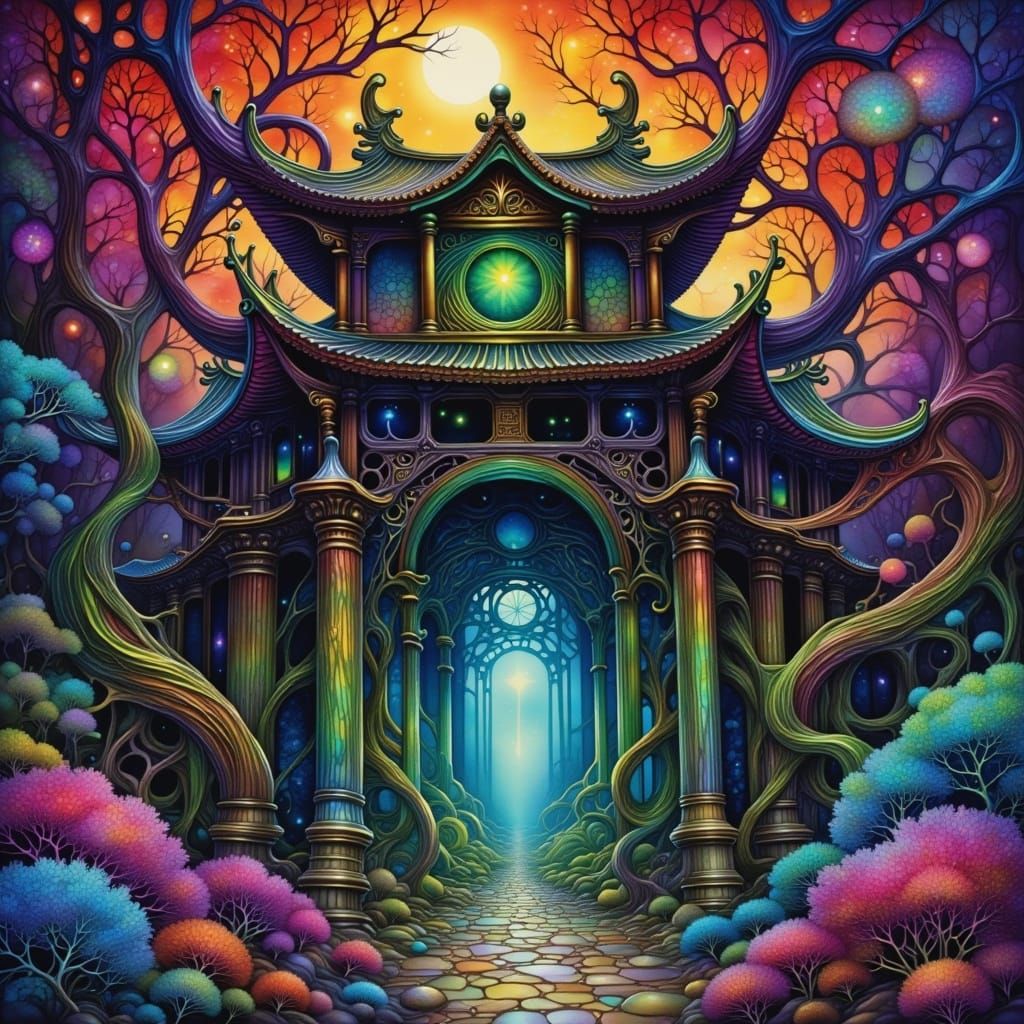 Gothic Plant Envelops Ancient Temple in Dark Surreal Style