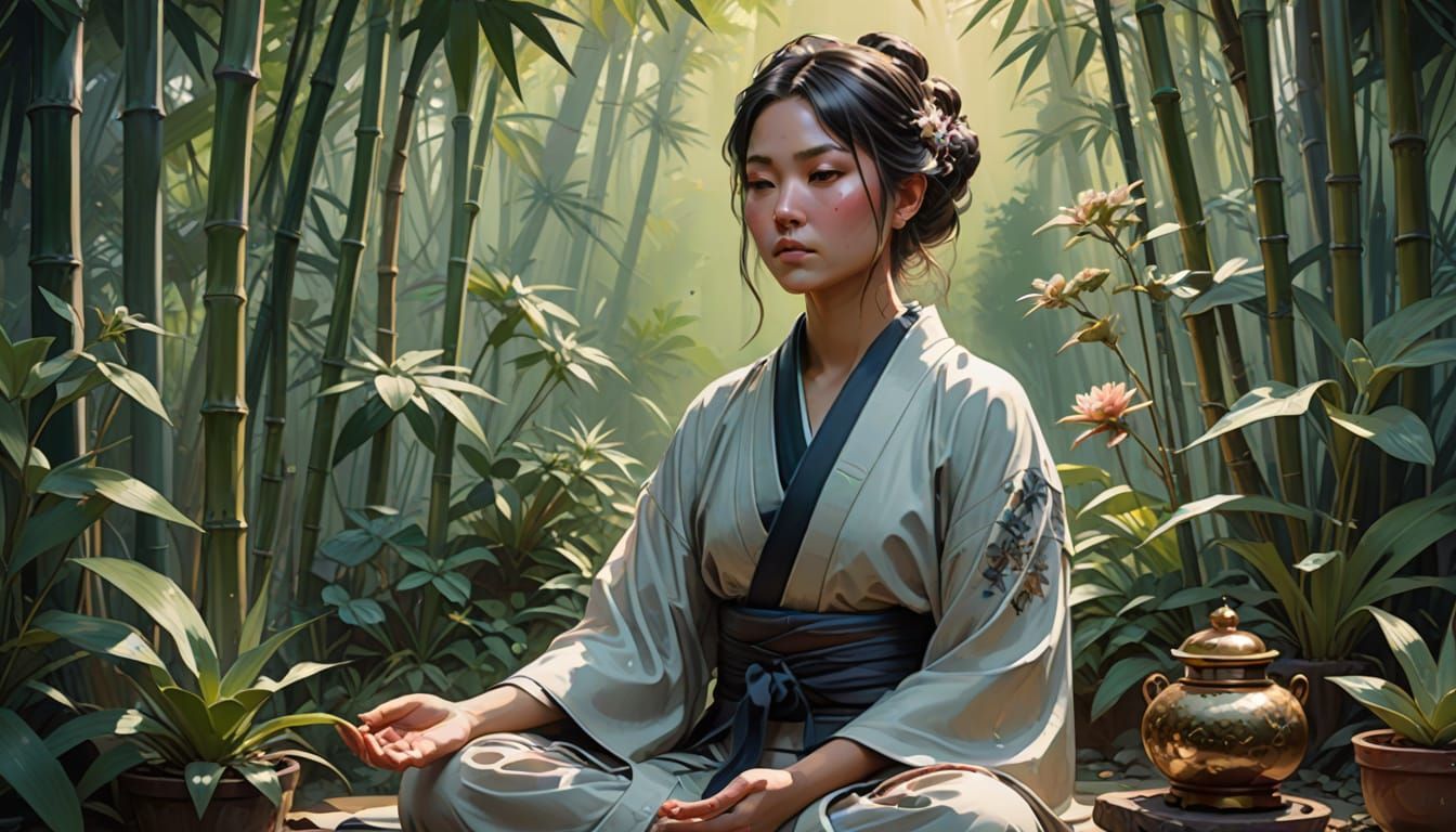 Zen Millennial Meditating in Japanese Ink Painting