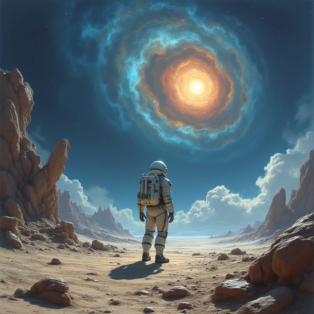Astronaut Contemplating Alien Nebula in Futuristic Spacesuit