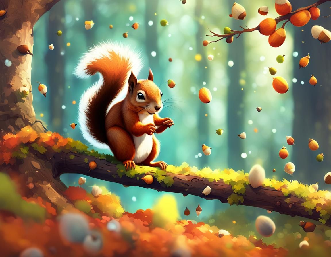Whimsical Squirrel Juggling Acorns in Fantasy Style