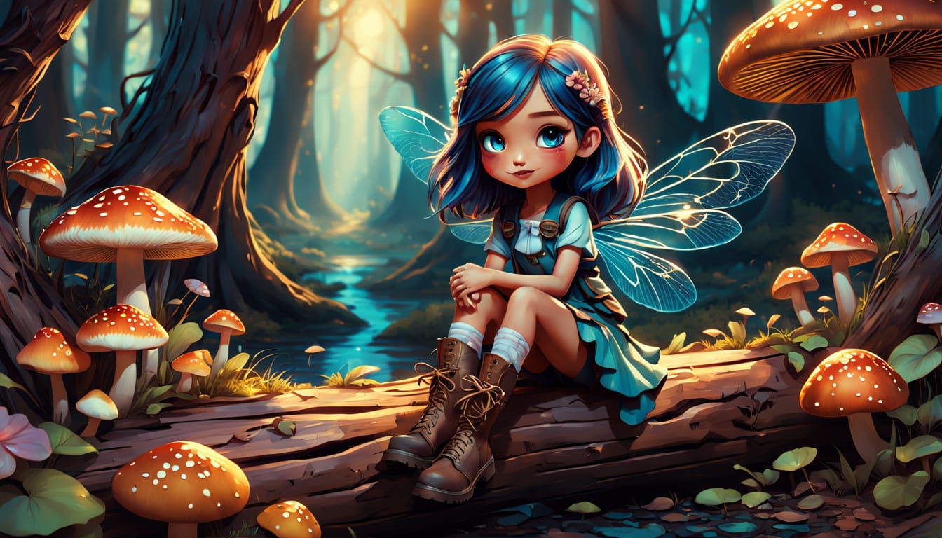 Whimsical Chibi Girl in Enchanted Forest, Surrounded by Vibr...