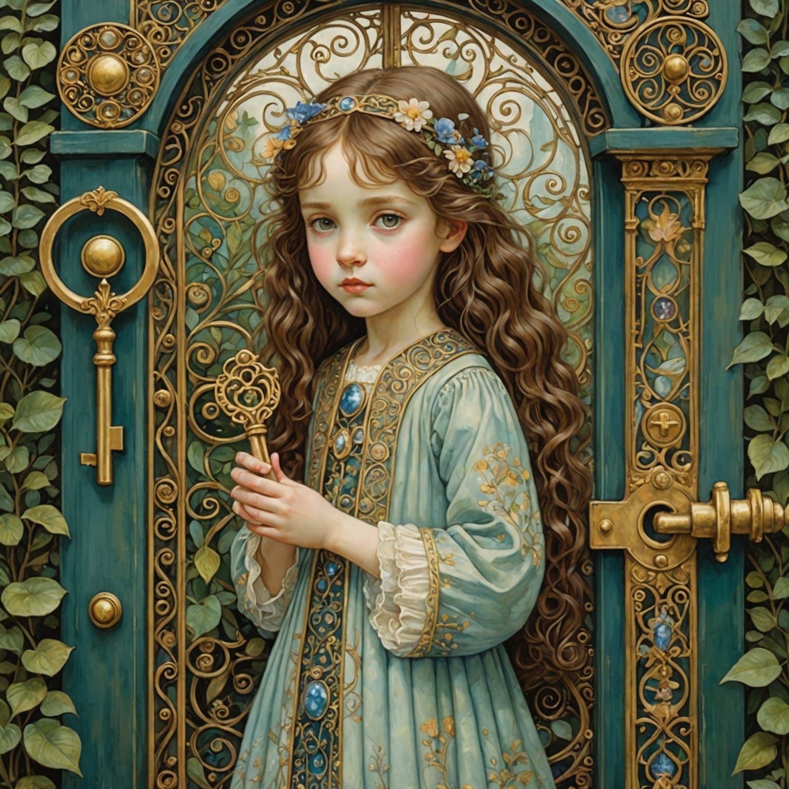 Girl Opens Gate to Fairytale World in Art Nouveau Style