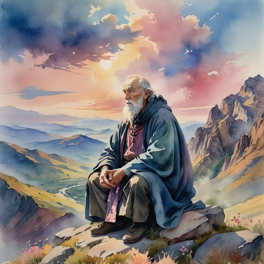 Serene Old Man Meditating Atop Mountain in Watercolor