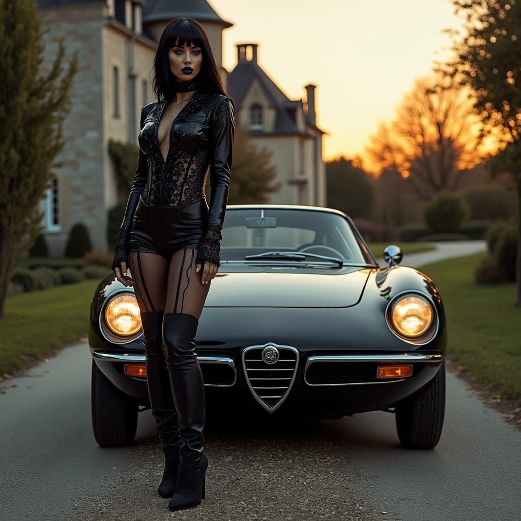 Confident Gothic Woman in Latex and Lace on High Heels