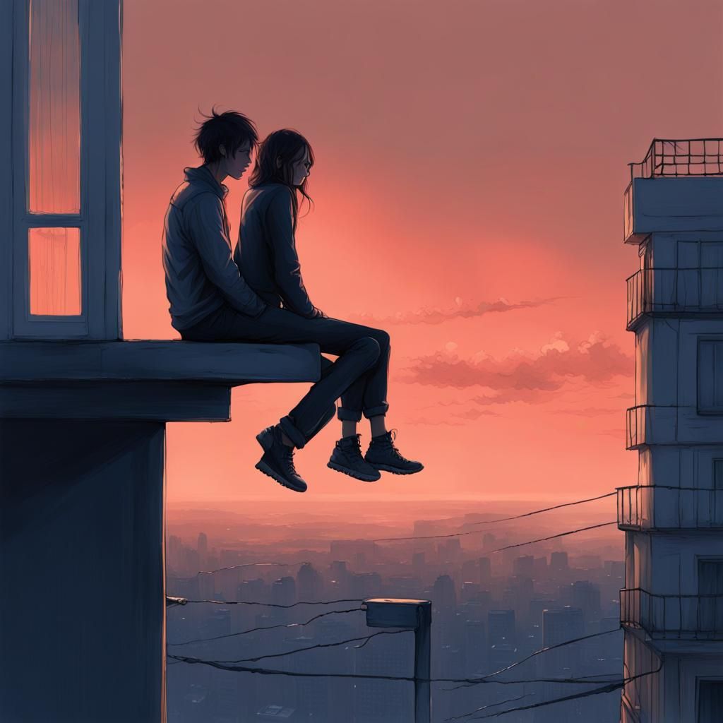 Rooftop Silhouette at Sunset: Hyperrealistic Splash Art