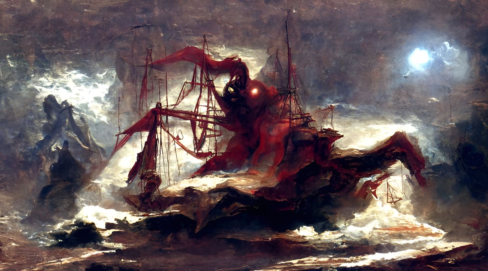 Red Demon on Ship Amidst Ethereal Mist