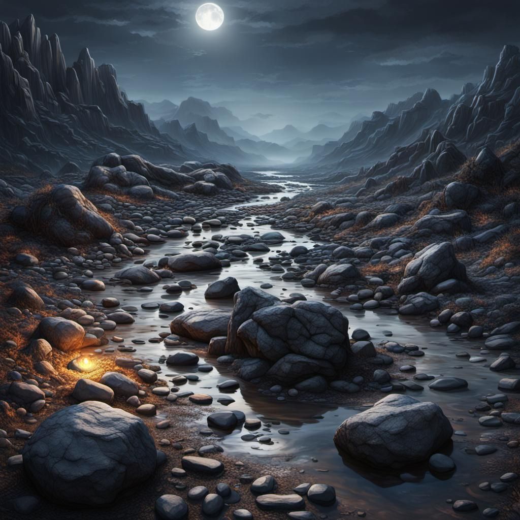 Photorealistic Riverbed Scene in Post-Apocalyptic Twilight