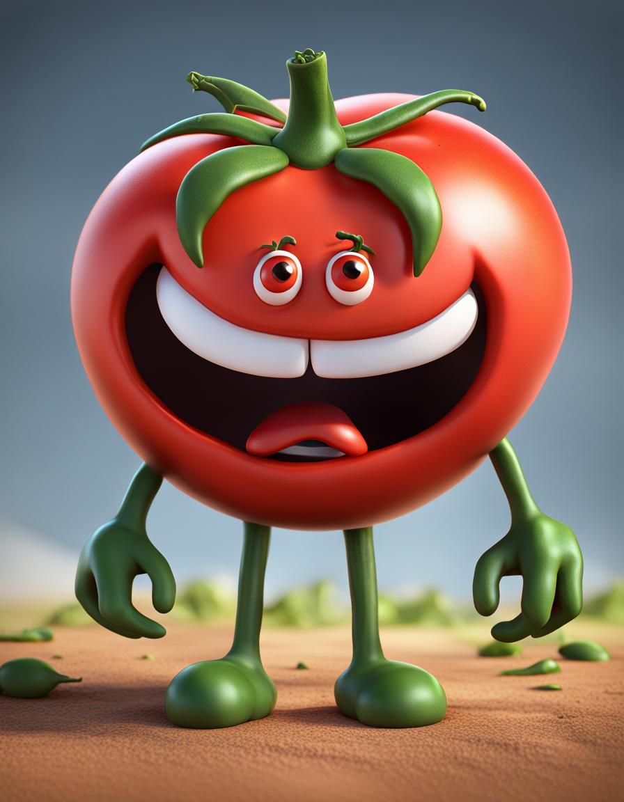Embarrassed Tomato Cartoon in CGI Matte Painting