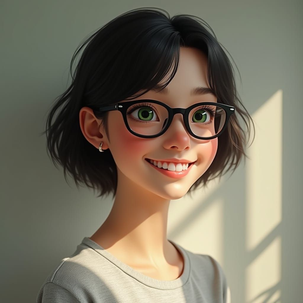 Warmly Smiling Woman in Light Gray Tee, Inspired by Hyperdet...