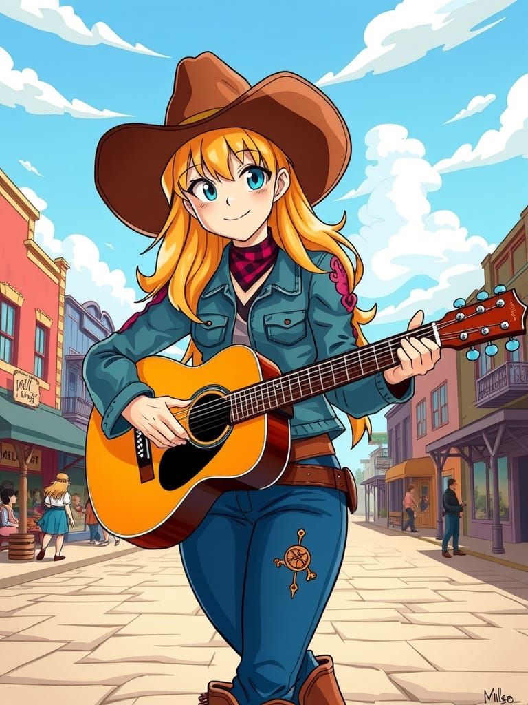 Cowgirl Strums Guitar in Dragon Ball Style