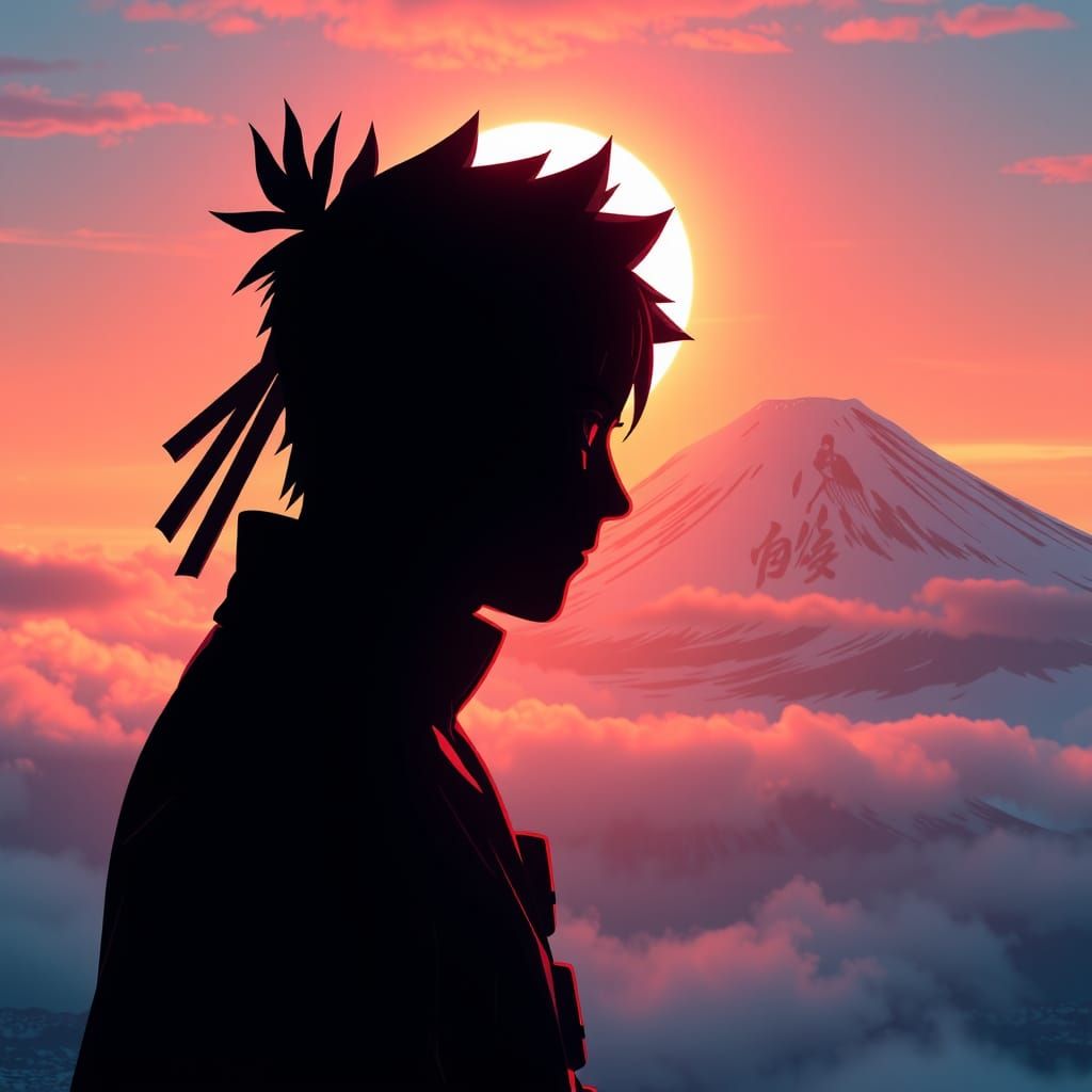 Naruto Silhouette Portrait with Mount Fuji in Neo-Noir Style