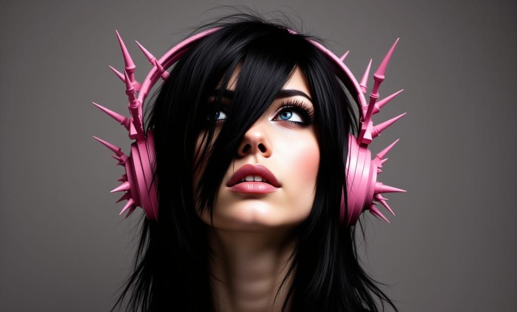 Emo Woman Wearing Spikey Pink Headphones