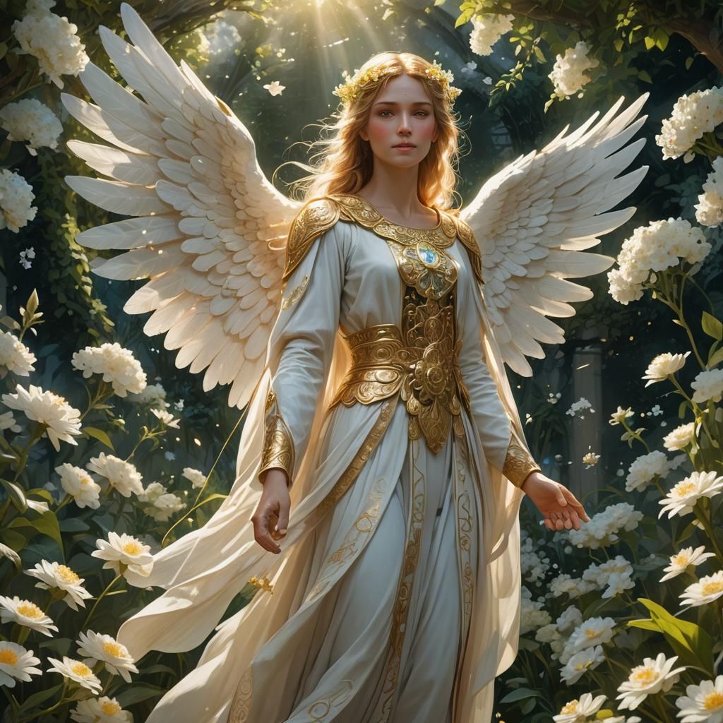 Lush Angelic Figure in Heavenly Garden Concept Art