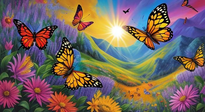 Vivid Butterfly Artwork with Sunshine Landscape