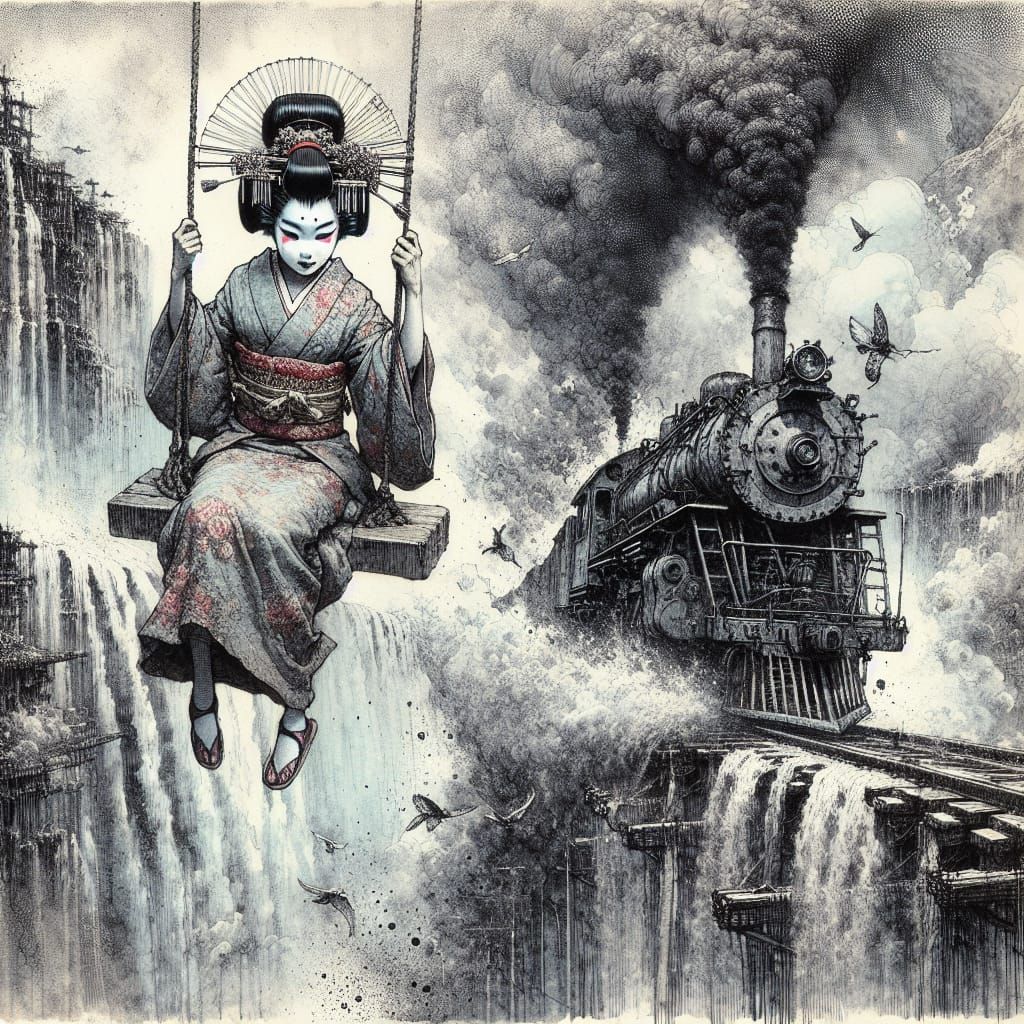 Kabuki Girl Observes Train Crash, Fin de Siècle Style