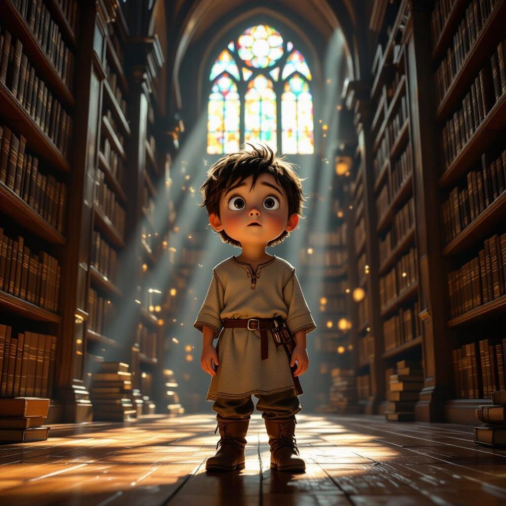 Boy in Colossal Library, Hyperrealistic 8K