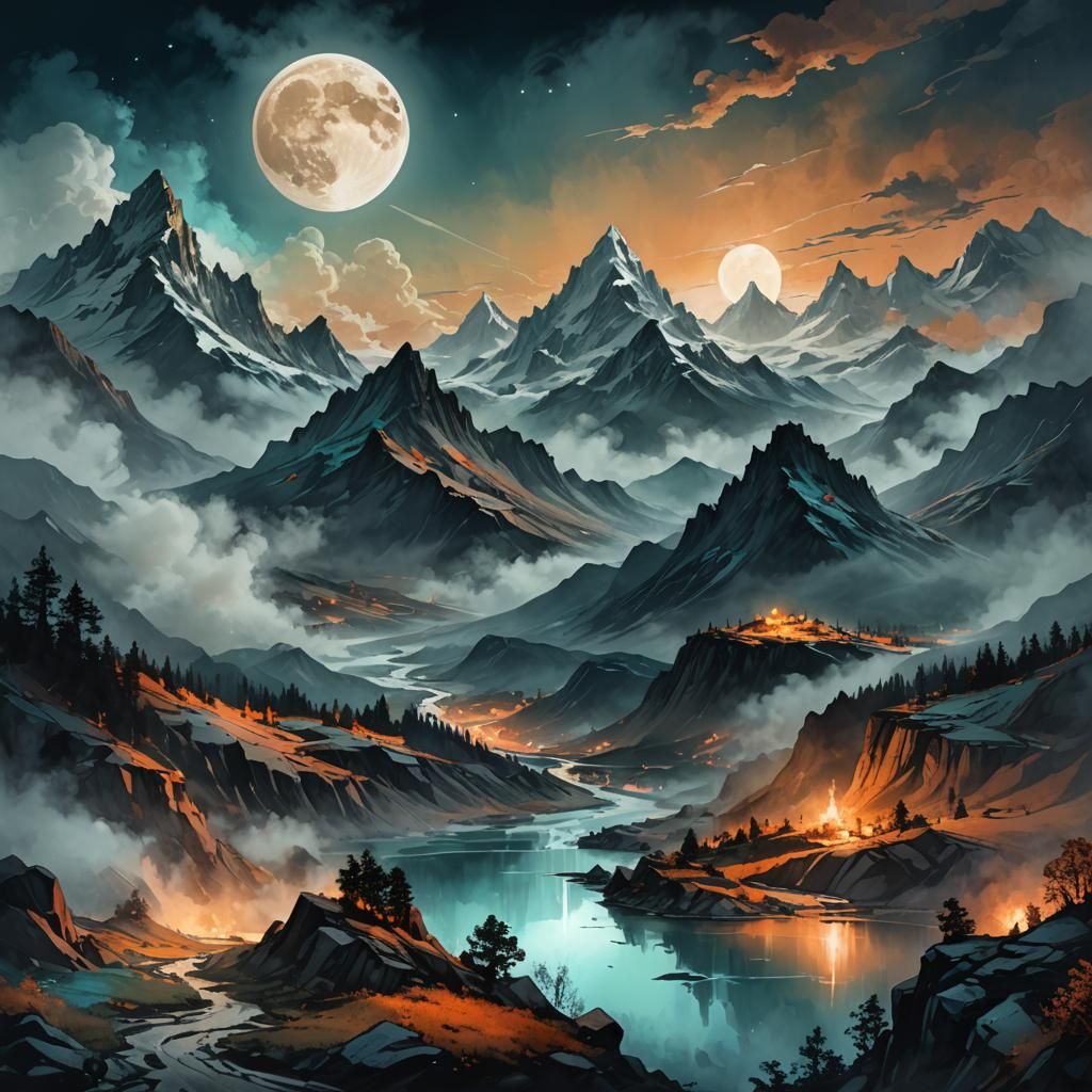 Moody Mountain Landscape in Watercolour Art Style